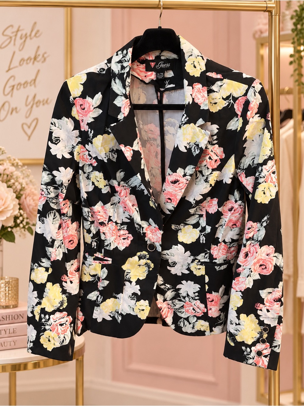 GUESS Black Floral Blazer with Pink & Yellow Blooms